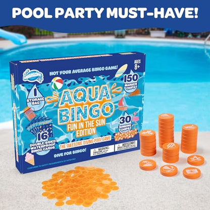 Pool Bingo Diving Game for Kids- Summer Party Fun Edition- Dive for & Call 30 Sinking Tropical Themed "Numbers", Fill Your Card- 150 Marker Chips 16 Double Sided Waterproof Play Cards, Toy Storage Bag - style: Fun In The Sun