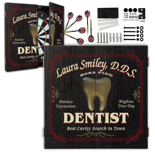 Personalized Dart Board Cabinet Set with 6 Steel Tip Darts, Paper Fibre Dartboard, Chalk & Eraser (21.5 x 21.5 x 2.75") - Occupational Man Cave Dart Boards for Adults - Dentist (408) - style: Dentist Dartboard & Cabinet Set