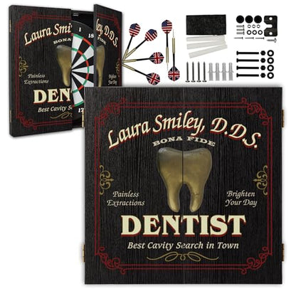 Personalized Dart Board Cabinet Set with 6 Steel Tip Darts, Paper Fibre Dartboard, Chalk & Eraser (21.5 x 21.5 x 2.75") - Occupational Man Cave Dart Boards for Adults - Dentist (408) - style: Dentist Dartboard & Cabinet Set
