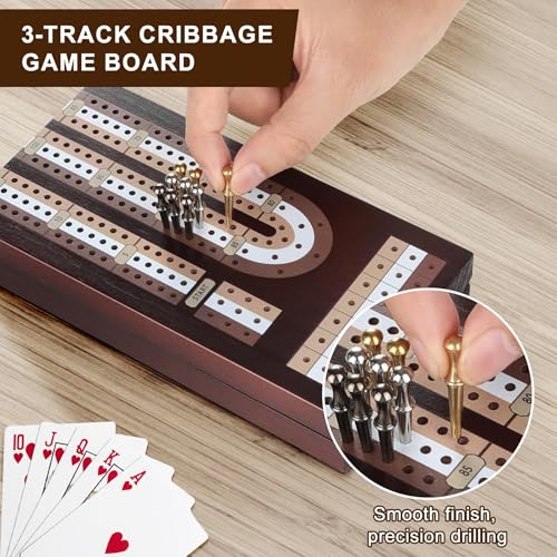 Cribbage Board Game Set, Premium Wooden Board with Magnetic Lock and Built-in Storage, Deck of Cards & 9 Metal Pegs, Fun 2–3 Player Travel Game for Adults and Family - size: Foldable