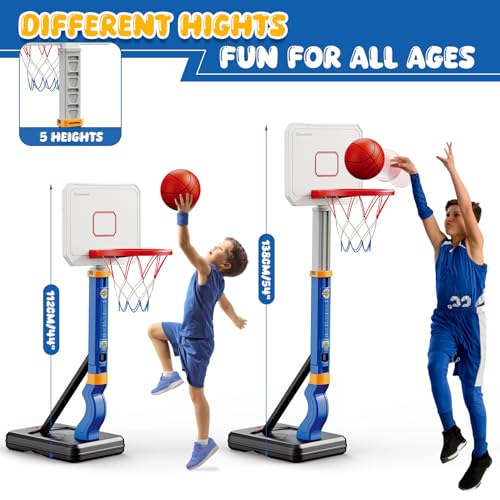 Toddler Basketball Hoop, Adjustable Height 2.3-4.5ft Baby Basketball Goal Set with 4 Balls & Pump, Backyard Poolside Basketball Toy for Boys & Girls Birthday Gift, Blue
