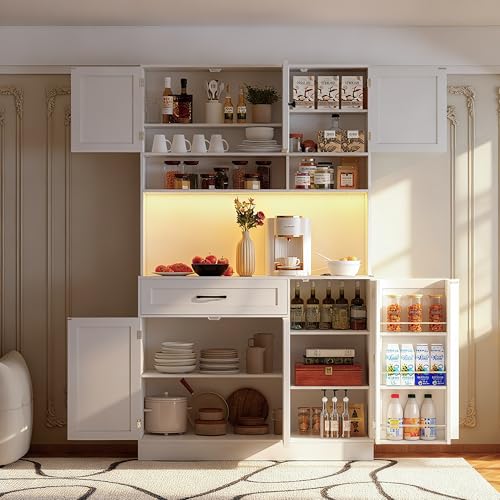 FJTJBSI 72" Kitchen Pantry Cabinet with LED Light and Charging Station Tall Pantry Storage Cabinet with Adjustable Shelves and Door Shelves Modern Kitchen Hutch with Microwave Stand and Countertop - color: White