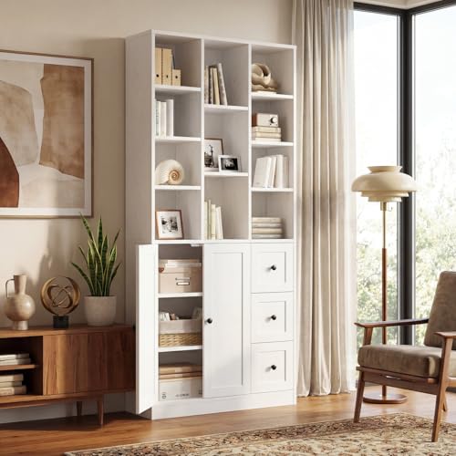 IRONCK 71" Tall Bookshelf and Bookcase with Cabinet and 3 Drawers, 7 Tier Bookshelves with Doors and Open Shelves for Living Room, Home Office, White