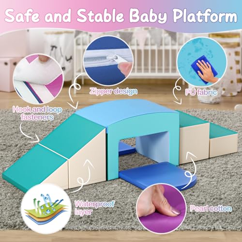 Foam Climbing Blocks for Toddlers - Soft Play Set for Toddlers 1-3 - Climbing Toys - Baby Climbing Gym Foam - with Slide Stairs and Tunnel - Great for All Ages (6 Pc Blue Soft Play Area Set) - color: Blue
