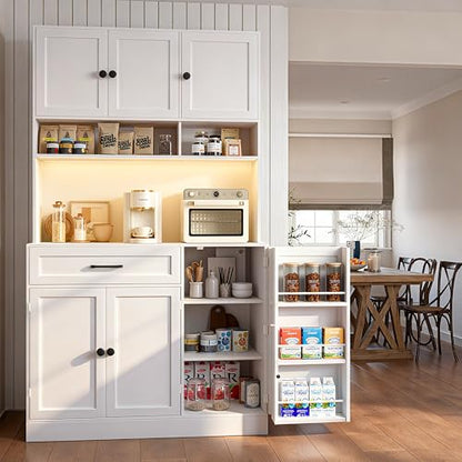 FJTJBSI 72" Kitchen Pantry Cabinet with LED Light and Charging Station Tall Pantry Storage Cabinet with Adjustable Shelves and Door Shelves Modern Kitchen Hutch with Microwave Stand and Countertop - color: White