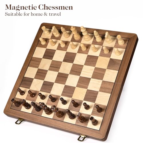 ELONGDI 15" Wooden Chess Set with Magnetic Pieces - Extra Queens - Folding Chessboard Portable Travel Tournament Chess Board Games for Adults Kids - size: 15 Inches