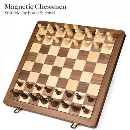 ELONGDI 15" Wooden Chess Set with Magnetic Pieces - Extra Queens - Folding Chessboard Portable Travel Tournament Chess Board Games for Adults Kids - size: 15 Inches