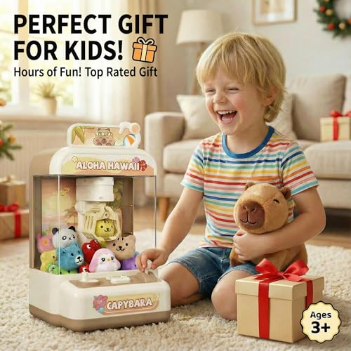 Capybara Mini Claw Machine for Kids, Portable Battery Operated Prize Grabber with 10 Plush Toys and 10 Capsules, Mute Mode Tabletop Arcade Game - color: Brown