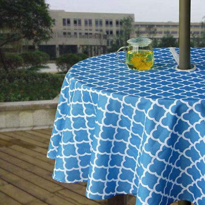 Melaluxe Spring/Summer Wrinkle-Free Waterproof Outdoor Tablecloth with Umbrella Hole and Zipper, 60" Round-Zippered - color: Blue Clound, size: 60" (Round)