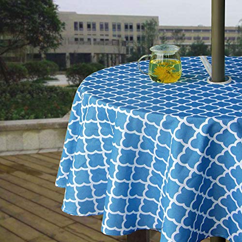 Melaluxe Spring/Summer Wrinkle-Free Waterproof Outdoor Tablecloth with Umbrella Hole and Zipper, 60" Round-Zippered - color: Blue Clound, size: 60" (Round)