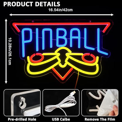 Pinball Neon Sign for Wall Decor, Arcade Game Led Signs for Business, USB Dimmable Retro Gaming Neon Lights for Game Room Mall Gamer Hall Garage Bar Club Man Cave Arcade Wall Art - style: Pinball