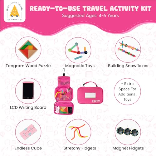 Travel Essentials for Kids – All-in-One Hanging Bag with Kid Toys, Road Trip Activities for Kids, Sensory Toys & Travel Games for Airplane Trips, Car Rides, Gifts for Boys & Girls Ages 4+ (Pink)