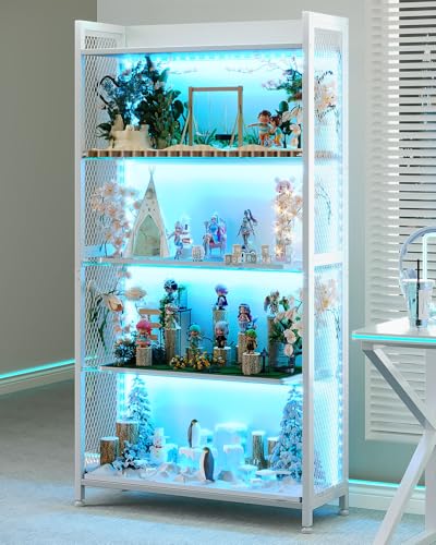 AODK Display Case with LED Lights, Display Cabinet with Glass Storage Shelves, 4-Tier Curio Cabinet for Collectibles with Open Shelf, White Book Shelf - color: White