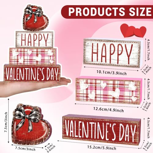 DIYDEC 4Pcs Valentine's Day Table Decoration Valentine Heart Wooden Block Signs Rustic Valentines Tiered Tray Decor Happy Valentine's Day Centerpiece Sign for Farmhouse Holiday Tabletop Party Decor - style: Valentine Heart