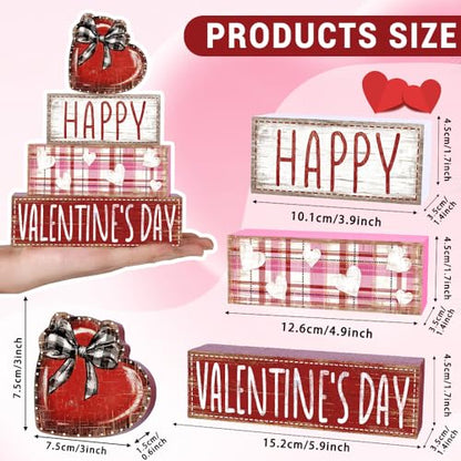 DIYDEC 4Pcs Valentine's Day Table Decoration Valentine Heart Wooden Block Signs Rustic Valentines Tiered Tray Decor Happy Valentine's Day Centerpiece Sign for Farmhouse Holiday Tabletop Party Decor - style: Valentine Heart