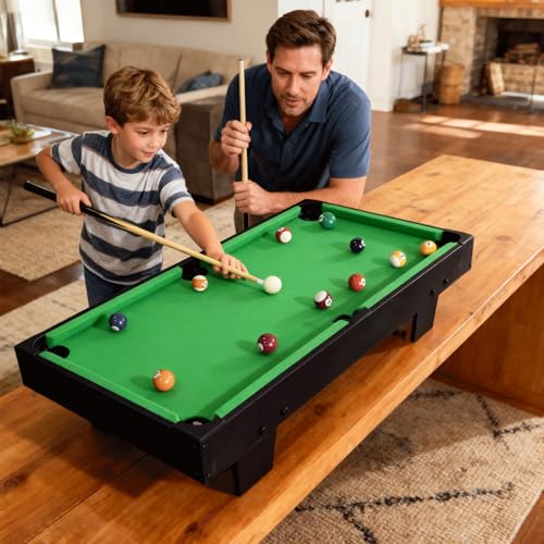 36 inch Mini Pool Table, Portable Pool Arcade Game Table for Living Room, Equipped with Cue Sticks, Chalk, Brush and Tripod, Perfect for Home Entertainment