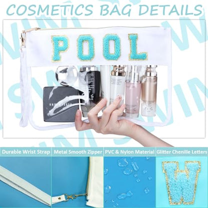 BuyCard 2 Pcs Pool Bag Cosmetic Makeup Bag with Chenille Letter Patch, Clear Pouch PVC Organizer Purse, Waterproof Travel Beach Bag, Portable Toiletry Storage Bag - color: POOL-White