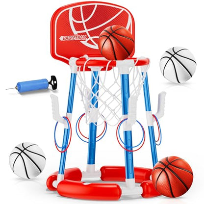 Pool Basketball Hoop with Backboard, Floating Pool Toys for 3-12 Years Old Kids Ring Game with 4 Balls 8 Rings & Pump Outdoor Swimming Pool Basketball Games Water Play Toy Family Party for Kids Adults - style: Red with Backboard