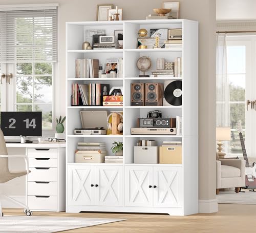 HIFIT 78" Tall Bookshelf Storage Cabinet with Barn Doors and Display Shelves, 5-Tier Bookshelves and Bookcases with 10 Open Cubes for Record Player, Tall Cabinet for Study, Office, Living Room, White - color: White