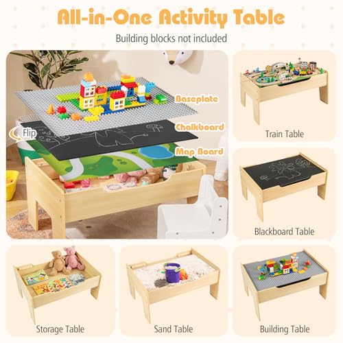 Costzon Train Table, 5 in 1 Kids Activity Wooden Set w/ 78 Pieces Railway Playset, Reversible Map Top, Blackboard, Building Bricks Station & Large Storage Space, Toddler Sensory Table for 18 M+ - size: 31" x 22.5" x 15.5" (L x W x H)
