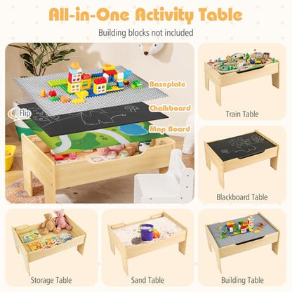 Costzon Train Table, 5 in 1 Kids Activity Wooden Set w/ 78 Pieces Railway Playset, Reversible Map Top, Blackboard, Building Bricks Station & Large Storage Space, Toddler Sensory Table for 18 M+ - size: 31" x 22.5" x 15.5" (L x W x H)
