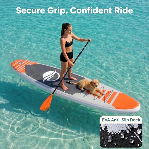 SereneLife 10’6" Inflatable Stand Up Paddle Board with Premium SUP Accessories - Wide Stable Design with Non-Slip EVA Deck Pad, for Youth and Adults, 350 lbs. Capacity - color: Orange