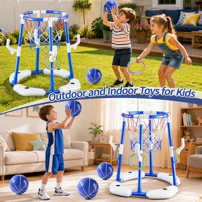 JUKUDAHU Pool Basketball Hoop, Boy Pool Toys for Kids Ages 4-8, 2-in-1 Floating Pool Ring Game with 4 Balls and Pump, Outdoor Swimming Water Play Toy, Summer Water Toys for Kids Adults Age 3-12 - color: Blue