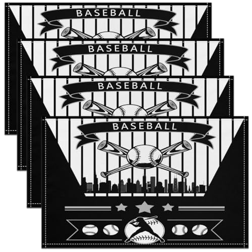 Erosebridal Baseball Table Mats Chicago Place Mats Set of 4,Baseball City Place Mat,Sports Game Placemats, Wipeable Oil Proof - color: Black, Chicago