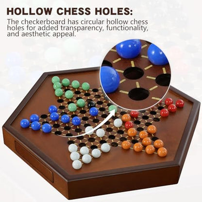 15" Large Upgraded Wooden Chinese Checkers Game Board – Premium 16mm Glass Marbles (60 + 12 Extras), Easy Grip, Storage Drawer, Ideal Multi-Player Puzzle Game for 2-6 Players