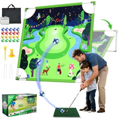 Owine Golf Chipping Game Set, 70" x70'' Double Sided Golf Hitting Mat with 2 Clubs and 20 Sticky Balls, Indoor Outdoor Golf Practice Game for Adults Kids, Home Sport Party/Backyard Party Activity