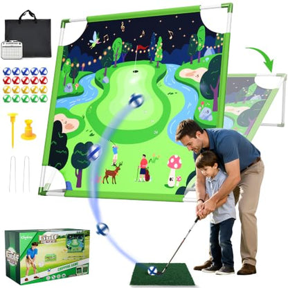 Owine Golf Chipping Game Set, 70" x70'' Double Sided Golf Hitting Mat with 2 Clubs and 20 Sticky Balls, Indoor Outdoor Golf Practice Game for Adults Kids, Home Sport Party/Backyard Party Activity