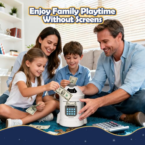 GONINO Piggy Bank for Boys, Electronic Kids Safe Money Bank with Password & Face ID Simulation, Rocket Ship ATM Piggy Bank for Real Money, Kids Bank Birthday Gifts for Boys Ages 5-12