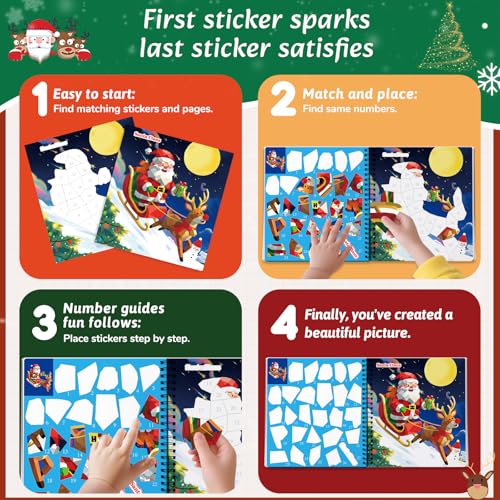 CutteeyFyry 4PCS Paint by Number Sticker Book - Christmas Crafts & Acitivity Puzzles Book for Kids Ages 4-10, Travel Toys for Road Trip & Airplane,Perfect Christmas Gifts & Basket Stuffers for Kids - color: Christmas