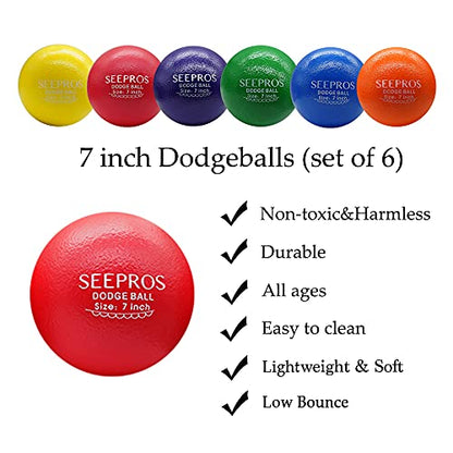 Foam Dodgeball Set - Soft Skin, Low Bounce, Set of 6 with Mesh Storage Bag for Kids and Adults - style: 7 Inch
