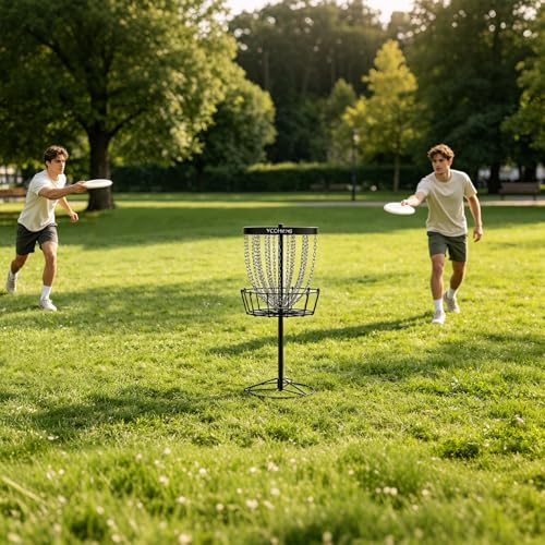 YC Disc Golf Basket Pro with 5 Discs, 24-Chain Portable Disc Golf Target Practice Basket, Heavy Duty Metal Frisbee Golf Basket for Backyard, Park, Camping, Beginners and Family Fun