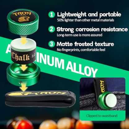 TAOM Upgrade Pool Chalk Holder Round Shaped Practical Tool Billiards Accessories Magnetic Mini Chalk Tip Case Container Round Box Billiards,Cue Tip Tool Scuffer Shaper - color: 1-Gift Set-Green with 2.0 Green