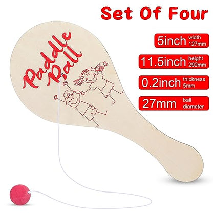 Kigley 4 Pcs 11.5 Inch Wooden Paddle Ball Game Set of 4, Paddle Board Toy with String Indoor Outdoor Games Fun Activity Toys Wood Paddleball with Bouncy Ball for Boys and Girls Birthday Party Favors