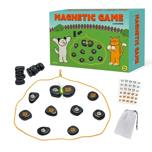 Magnet Chess Game with Cat & Dog Theme– Multiplayer Magnetic Stone Game Set | Strategy Puzzle Board Game for Kids & Adults, Educational Travel Fun for Family, Portable Tabletop Set with 24 Stones & Rope