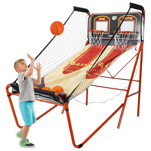 Foldable Indoor Basketball Arcade Game with Steel Frame Indoor Double Electronic Basketball Machine with 5 Size 7 Inch Balls for 2 Players Basement Game Rooms