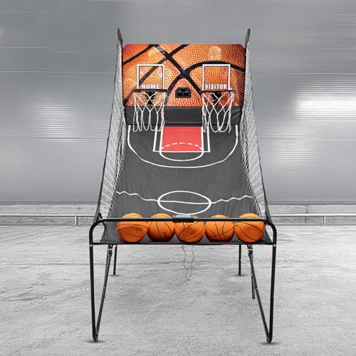 Dual Shot Arcade Basketball, Arcade Basketball Fun at Home, Foldable Indoor Basketball Game Design, Steel Frame, 8 Game Modes for Family, Includes 5 Basketballs and Air Pump, Easy Assembly Home