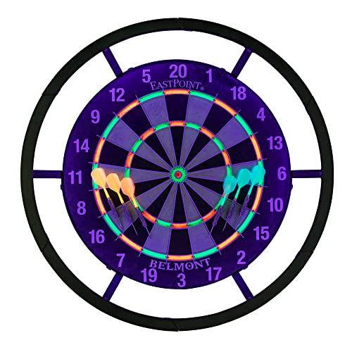 EastPoint Blacklight Dart Board - 18" Bristle Sisal 6 Steel Tip Darts - Glow Ring & Flights for Man Cave Accessories - Staple-Free Bullseye for Bar Games - Self-Healing Sisal - Indoor Games for Adults
