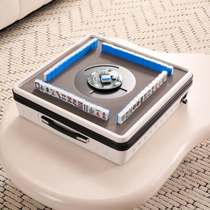 Portable Automatic Mahjong Table, Hand-held Mini-Mahjong, Automatic Mahjong, Foldable Mahjong Table w/American&Chinese -Style Magnetic Tiles, for Outdoor & Home Fun (White) - color: A-white&american and Chinese Mahjong Tiles