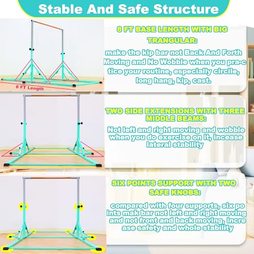Marfula Gymnastic Bar For Kid and Teenage of 3-25, 5Ft/8 FT Base Length 4Ft Width 5Ft Adjust Height, Gymnastic Kip Bar For Gymnast, Gymnastic Training Equipment For Professional Training Home Club Use - color: Teal (New Style - 8 Ft Base)