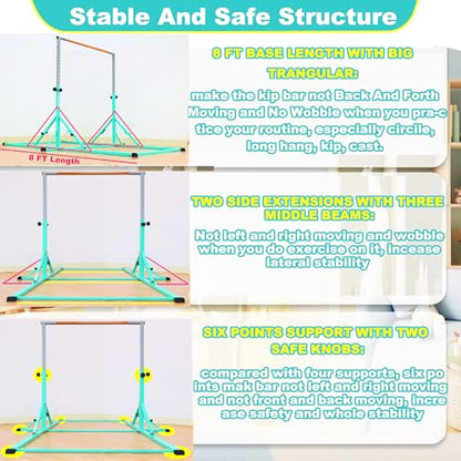 Marfula Gymnastic Bar For Kid and Teenage of 3-25, 5Ft/8 FT Base Length 4Ft Width 5Ft Adjust Height, Gymnastic Kip Bar For Gymnast, Gymnastic Training Equipment For Professional Training Home Club Use - color: Teal (New Style - 8 Ft Base)