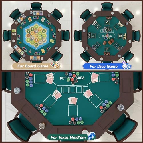Octagonal Solid Wood Poker Table, 60 Inch 8-Player Casino Style Game Table with Built-in Cup Holders & Felt Playing Surface, Heavy-Duty for Home Game Room, Party & Entertainment