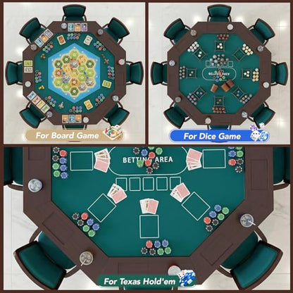 Octagonal Solid Wood Poker Table, 60 Inch 8-Player Casino Style Game Table with Built-in Cup Holders & Felt Playing Surface, Heavy-Duty for Home Game Room, Party & Entertainment