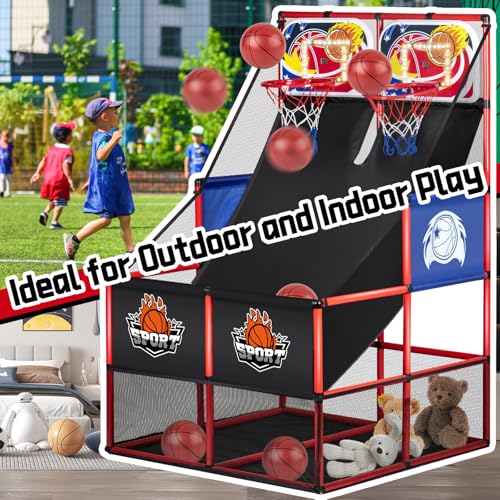 2 in 1 Dual Basketball Arcade Game Indoor/Outdoor With LED Scoring and Sound, Sport Play Toy Includes 6 Balls & Instruction & Pump For Teen Kids Toddler Birthday Christmas Carnival Backyard Party Gift