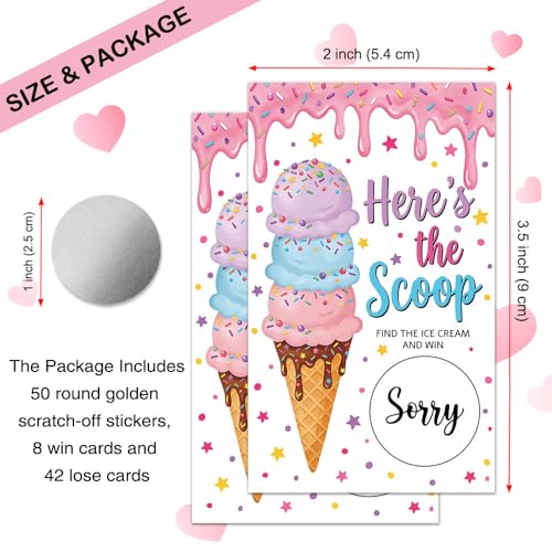 50 Pcs Here's The Scoop Summer Themed Scratch off Game Cards, Ice Cream Scratch Card for Baby Shower Sweet Birthday Party, Gender Reveal Shower Lottery Activity Group Games - color: Pink Purple