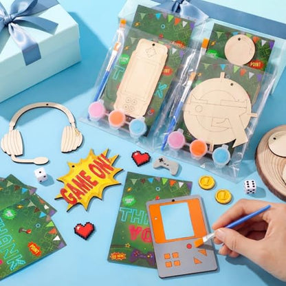 Saypacck 24 Pcs Video Game Party Favors Wooden Painting Craft Kits Birthday Party Supplies with Organza Bag for Goodie Bags Fillers Adult Thank You Gifts - style: Game Theme