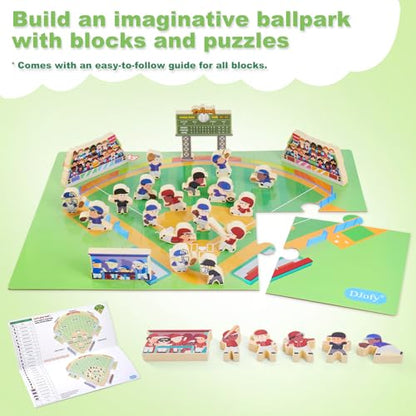 Baseball Blocks Toy Playset, Wooden Baseball Figures with Assembly Ballpark, Baseball Learning Toys, Mini Baseball Games, Baseball Player Figurines, for Kids, Toddlers & Families